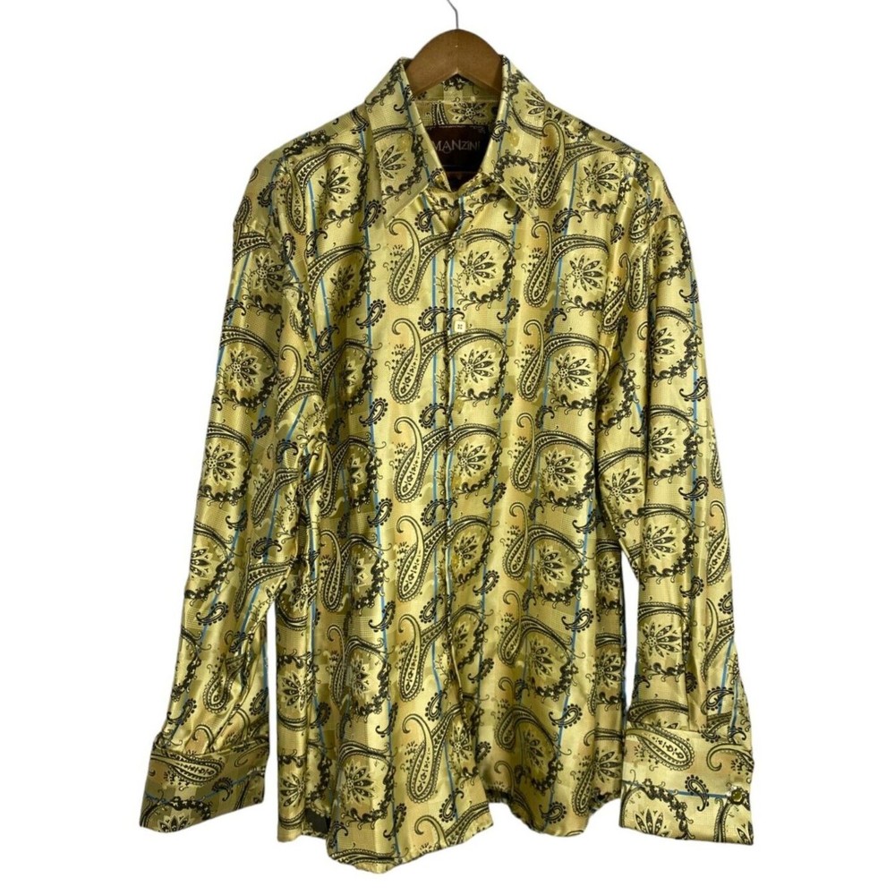 Manzini Mens Size X-Large Gold Paisley Button Down Dress Shirt Long Sleeve